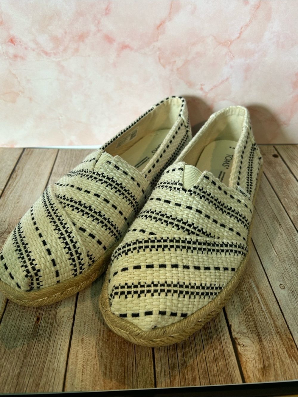 Toms Cream and Black Striped Woven Espadrille Flats